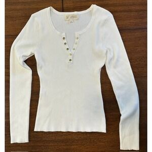 Sweet Wanderer Shirt Women's Size L White Ribbed Knit Henley Long Sleeve Bridal